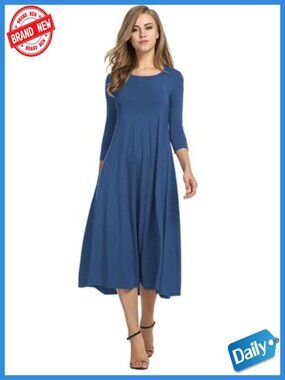 3/4 Sleeve A-Line Midi Dress Pleated Swing Hem Loose Fit